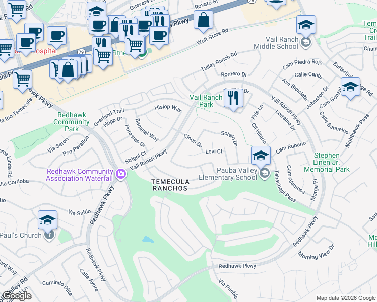 map of restaurants, bars, coffee shops, grocery stores, and more near 32868 Levi Court in Temecula