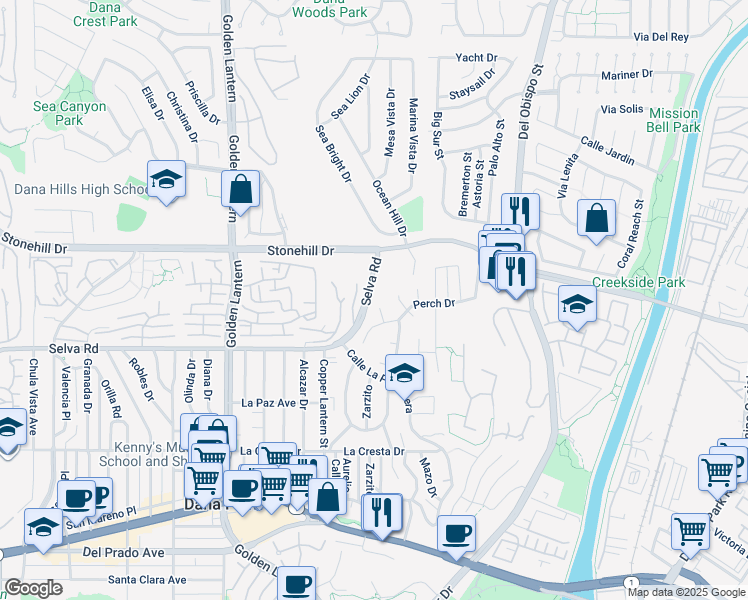 map of restaurants, bars, coffee shops, grocery stores, and more near 33621 Via Martos in Dana Point