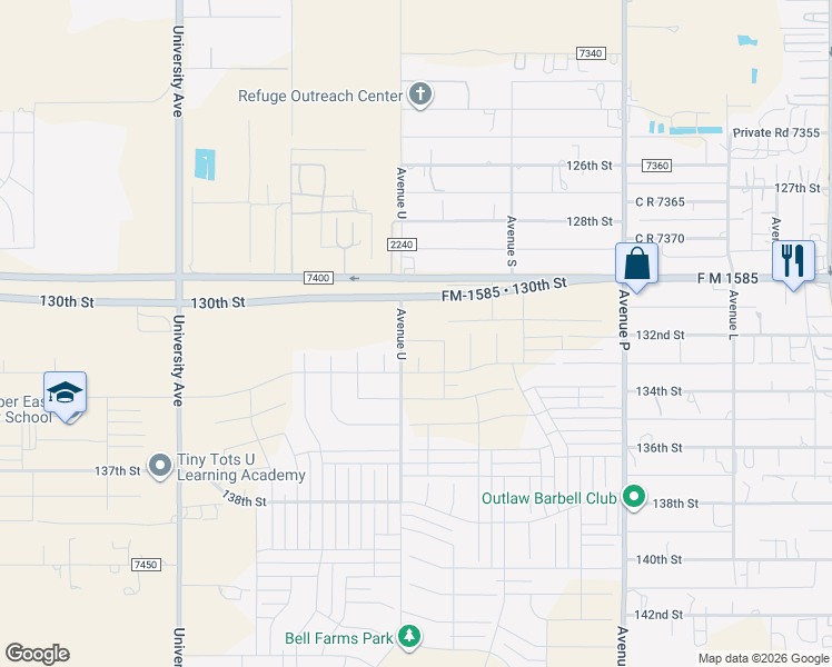 map of restaurants, bars, coffee shops, grocery stores, and more near 136th Street in Lubbock