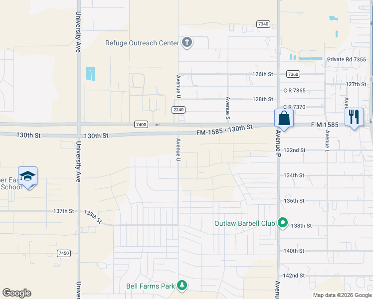 map of restaurants, bars, coffee shops, grocery stores, and more near 136th Street in Lubbock