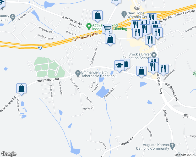 map of restaurants, bars, coffee shops, grocery stores, and more near 526 Scenic Drive in Grovetown