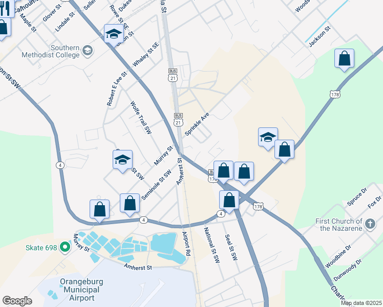 map of restaurants, bars, coffee shops, grocery stores, and more near 126 Quality Dr in Orangeburg