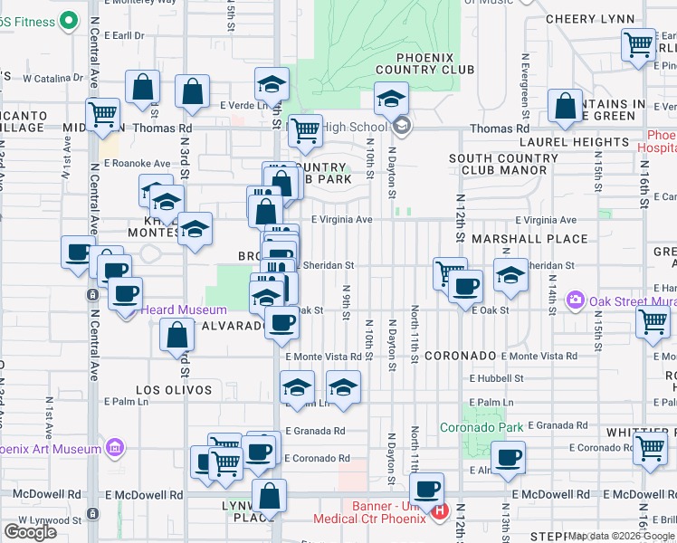 map of restaurants, bars, coffee shops, grocery stores, and more near 841 East Sheridan Street in Phoenix
