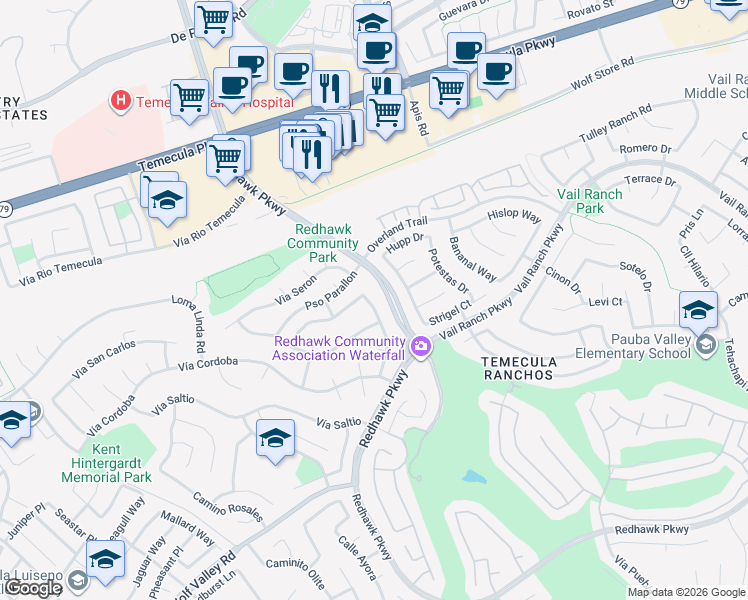 map of restaurants, bars, coffee shops, grocery stores, and more near 44902 Camino Veste in Temecula