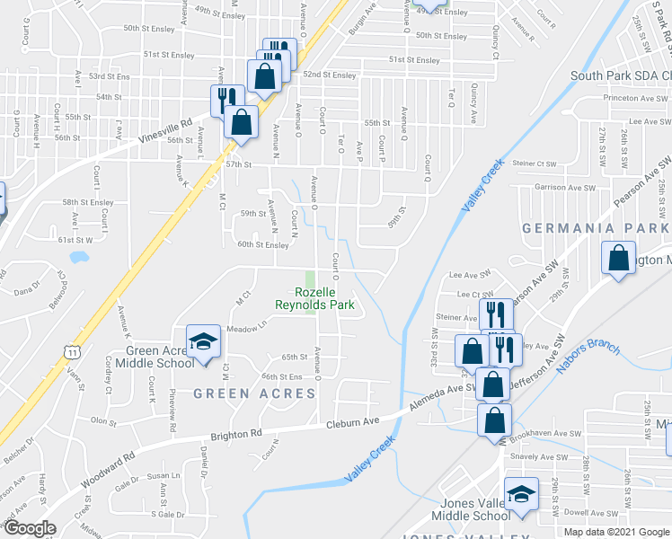 map of restaurants, bars, coffee shops, grocery stores, and more near 1519 Pineview Road in Birmingham