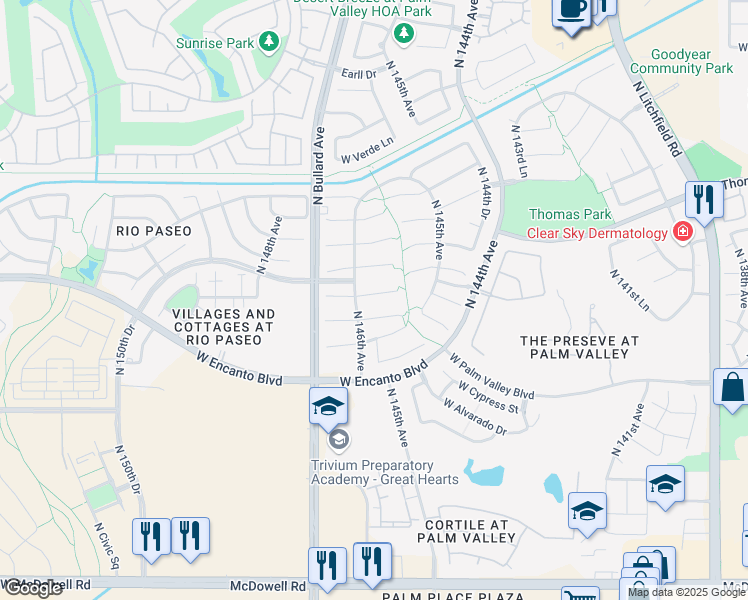 map of restaurants, bars, coffee shops, grocery stores, and more near 14579 West Virginia Avenue in Goodyear