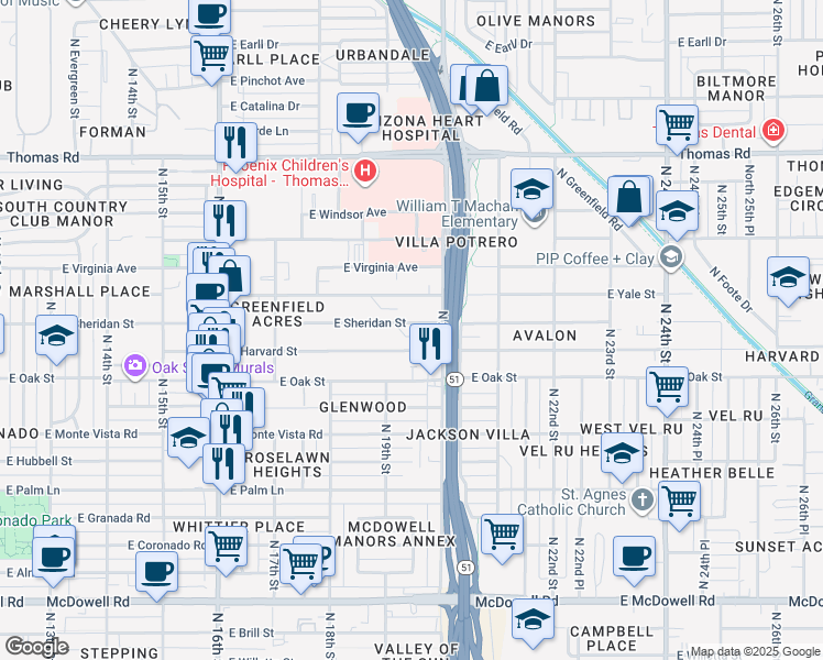 map of restaurants, bars, coffee shops, grocery stores, and more near 1939 East Harvard Street in Phoenix