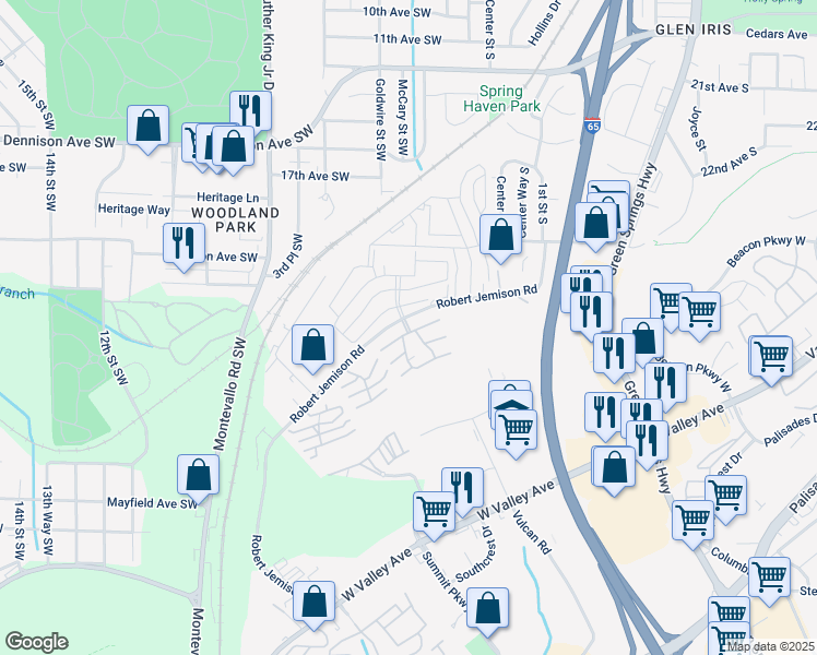 map of restaurants, bars, coffee shops, grocery stores, and more near 414 Skyview Drive in Birmingham