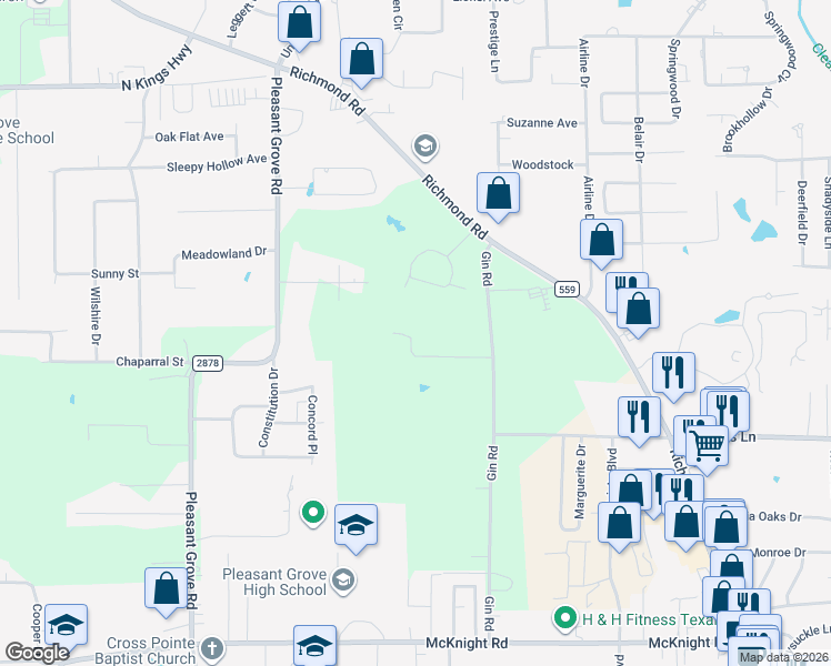 map of restaurants, bars, coffee shops, grocery stores, and more near 5811 Gin Road in Texarkana