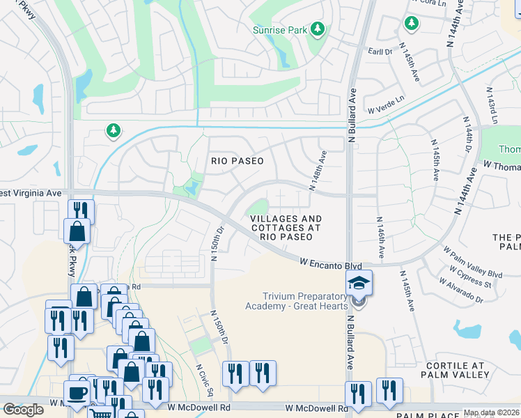 map of restaurants, bars, coffee shops, grocery stores, and more near 2498 North 149th Lane in Goodyear