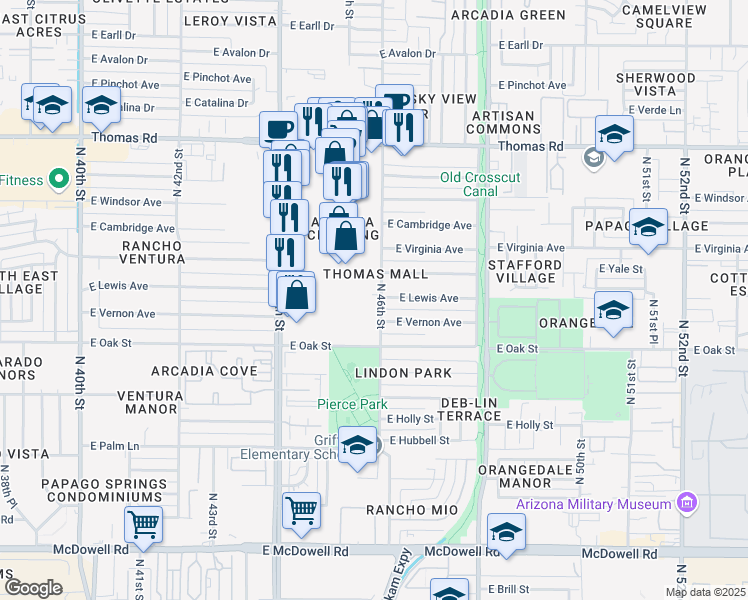 map of restaurants, bars, coffee shops, grocery stores, and more near 2342 North 46th Street in Phoenix