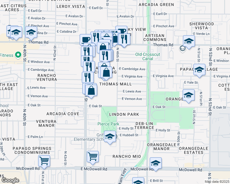 map of restaurants, bars, coffee shops, grocery stores, and more near 2342 North 46th Street in Phoenix