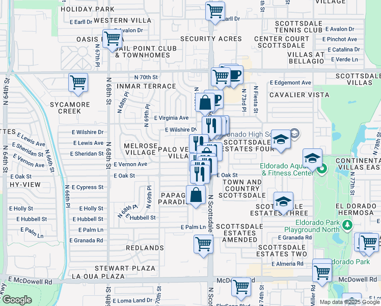 map of restaurants, bars, coffee shops, grocery stores, and more near 7044 East Vernon Avenue in Scottsdale