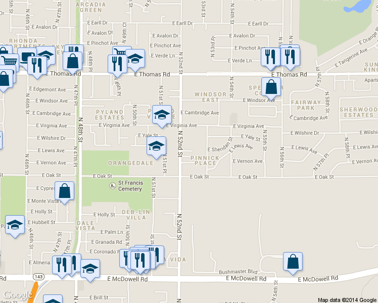 map of restaurants, bars, coffee shops, grocery stores, and more near 2321 North 52nd Street in Phoenix
