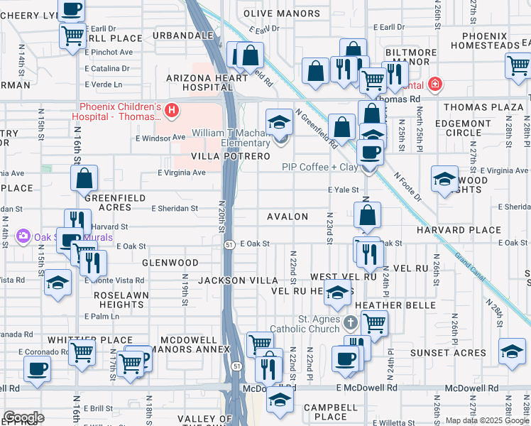 map of restaurants, bars, coffee shops, grocery stores, and more near 2102 East Harvard Street in Phoenix