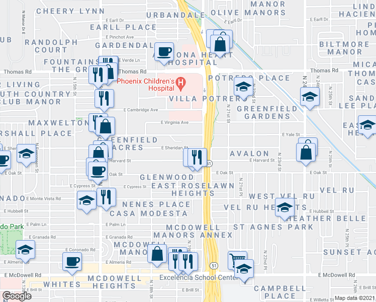 map of restaurants, bars, coffee shops, grocery stores, and more near 1939 East Harvard Street in Phoenix