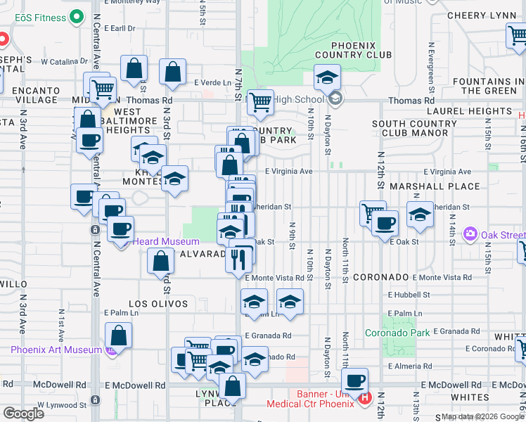 map of restaurants, bars, coffee shops, grocery stores, and more near 2325 North 8th Street in Phoenix