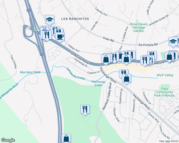 map of restaurants, bars, coffee shops, grocery stores, and more near 30401 Cupeno Lane in Temecula