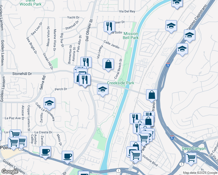 map of restaurants, bars, coffee shops, grocery stores, and more near 33621 Tidewater Drive in Dana Point
