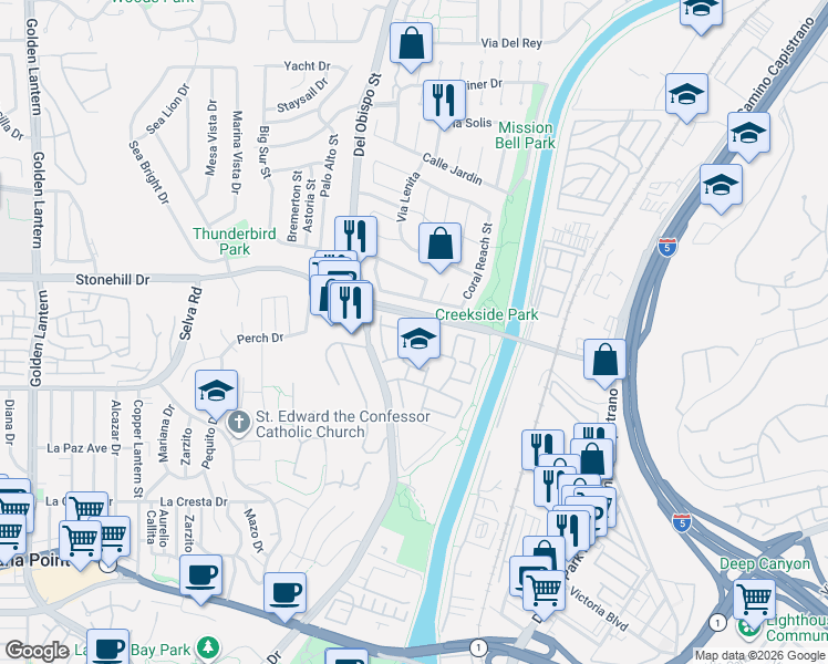 map of restaurants, bars, coffee shops, grocery stores, and more near 33621 Tidewater Drive in Dana Point