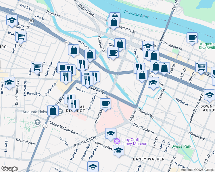 map of restaurants, bars, coffee shops, grocery stores, and more near 1425 Walton Way in Augusta