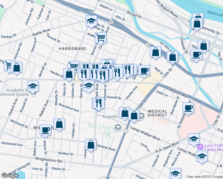 map of restaurants, bars, coffee shops, grocery stores, and more near 1611 Parnell Street in Augusta