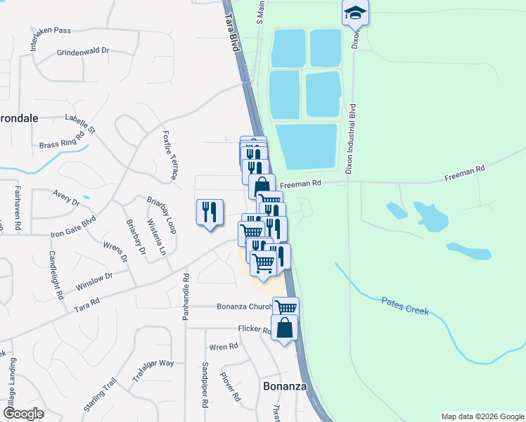 map of restaurants, bars, coffee shops, grocery stores, and more near 10291 Tara Boulevard in Jonesboro