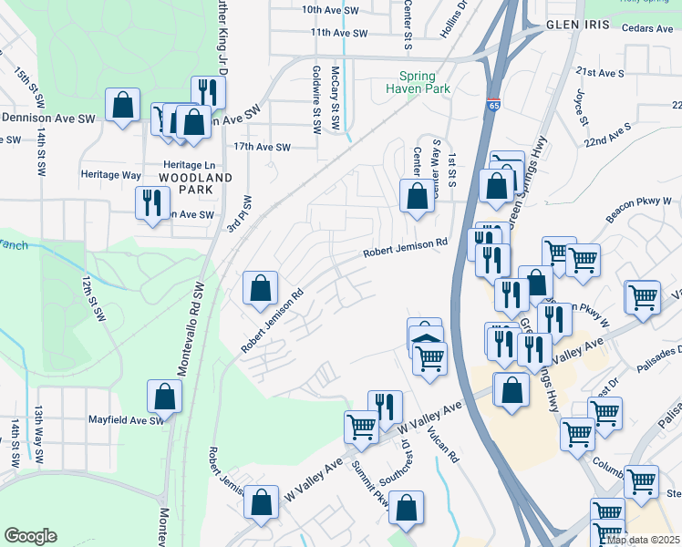 map of restaurants, bars, coffee shops, grocery stores, and more near 414 Skyview Drive in Birmingham