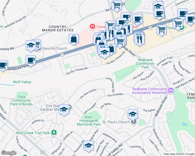 map of restaurants, bars, coffee shops, grocery stores, and more near 31652 Loma Linda Road in Temecula