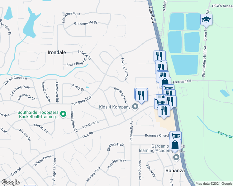 map of restaurants, bars, coffee shops, grocery stores, and more near 10288 Wisteria Lane in Jonesboro