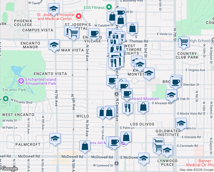 map of restaurants, bars, coffee shops, grocery stores, and more near 29 W Lewis Ave in Phoenix