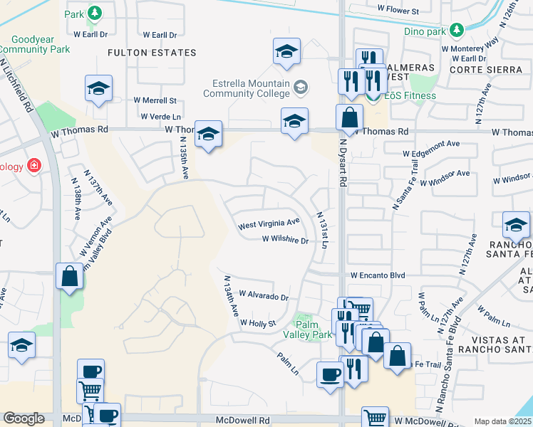 map of restaurants, bars, coffee shops, grocery stores, and more near 13307 Virginia Avenue in Goodyear
