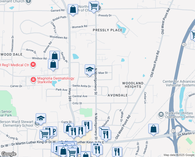 map of restaurants, bars, coffee shops, grocery stores, and more near 101 Margaretta Drive in Starkville