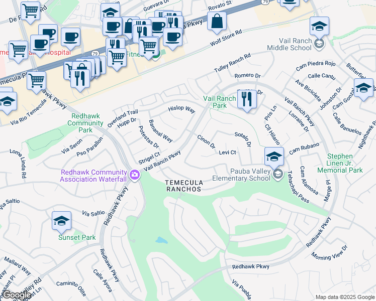 map of restaurants, bars, coffee shops, grocery stores, and more near 44875 Machon Road in Temecula