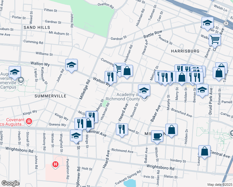 map of restaurants, bars, coffee shops, grocery stores, and more near 958 Hickman Road in Augusta