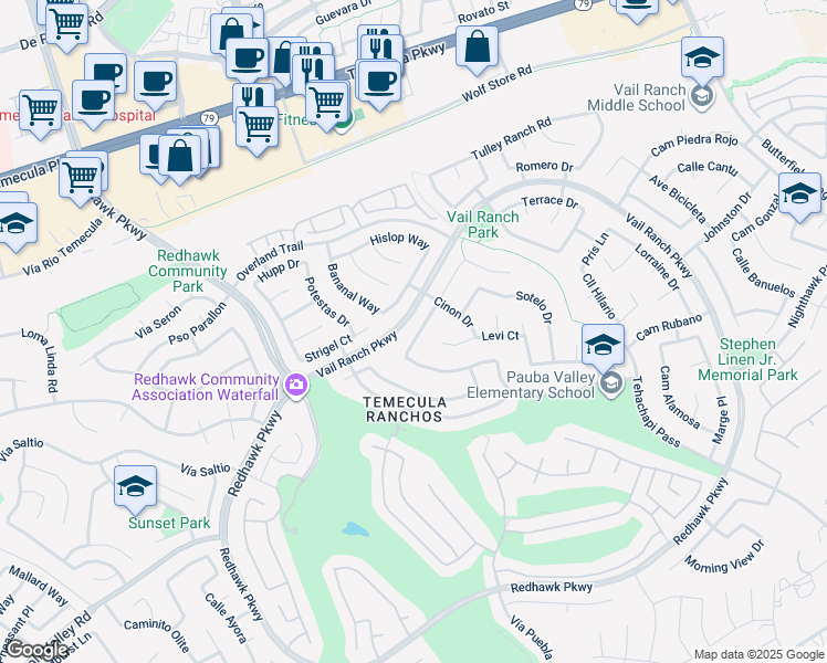 map of restaurants, bars, coffee shops, grocery stores, and more near 44875 Machon Road in Temecula