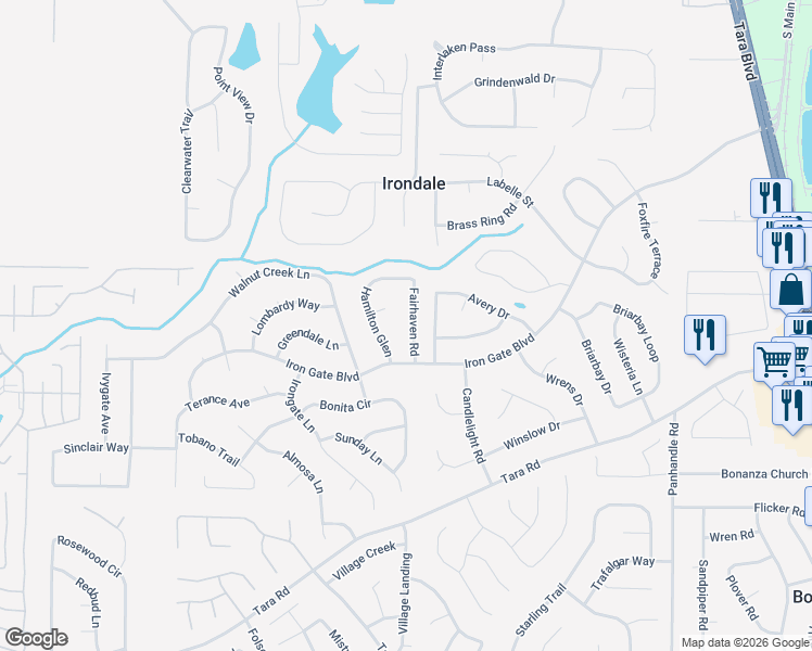 map of restaurants, bars, coffee shops, grocery stores, and more near 10299 Misty Ridge Drive in Jonesboro