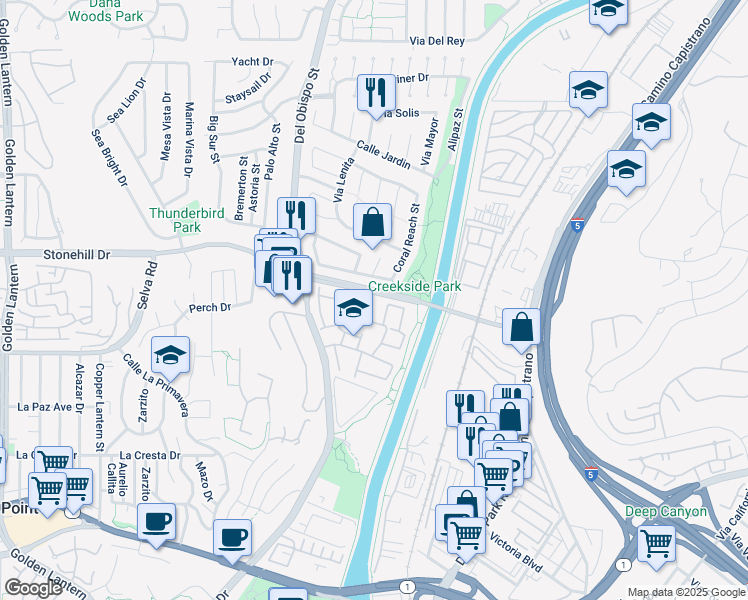 map of restaurants, bars, coffee shops, grocery stores, and more near 33621 Tidewater Drive in Dana Point