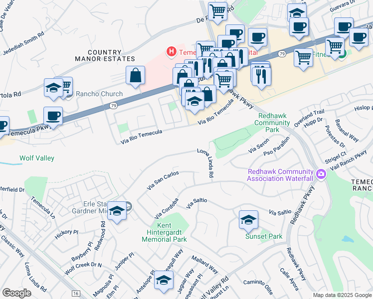 map of restaurants, bars, coffee shops, grocery stores, and more near 31655 Loma Linda Road in Temecula