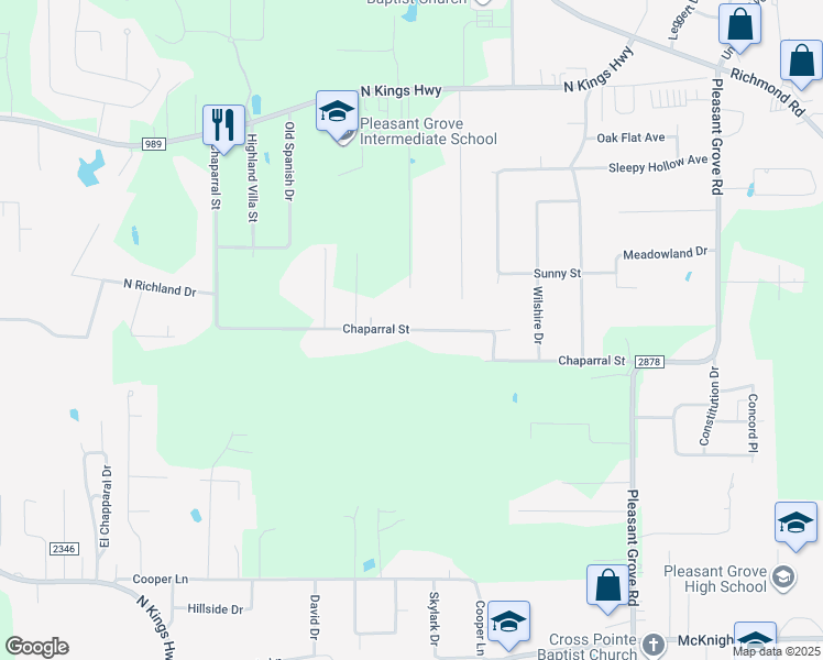 map of restaurants, bars, coffee shops, grocery stores, and more near 6501 Chaparral Street in Texarkana