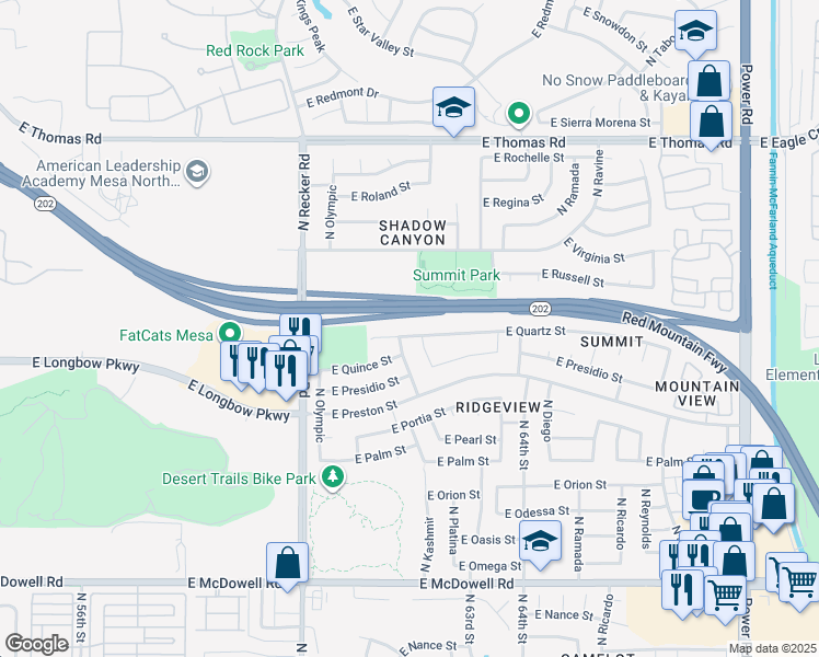 map of restaurants, bars, coffee shops, grocery stores, and more near 6210 East Quartz Street in Mesa