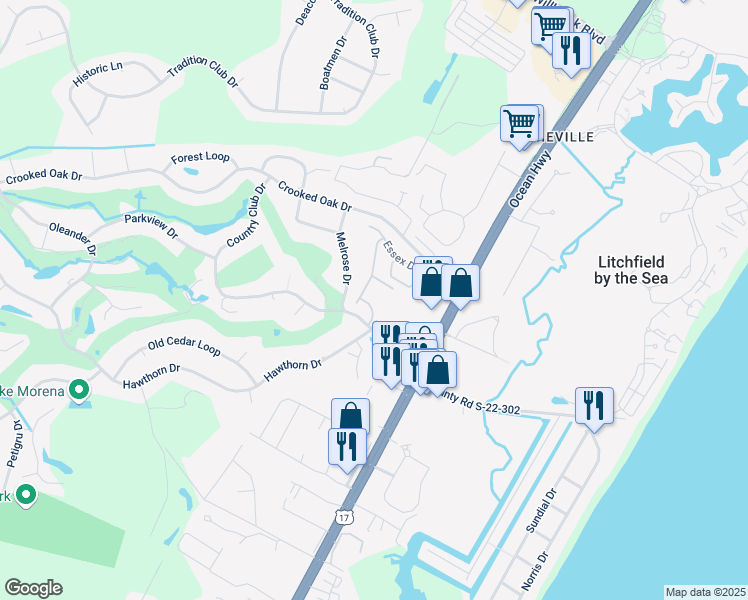 map of restaurants, bars, coffee shops, grocery stores, and more near 120 Lakes at Litchfield Drive in Pawleys Island