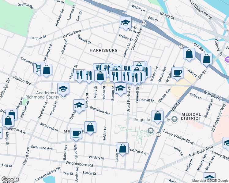 map of restaurants, bars, coffee shops, grocery stores, and more near 916 Beman Street in Augusta