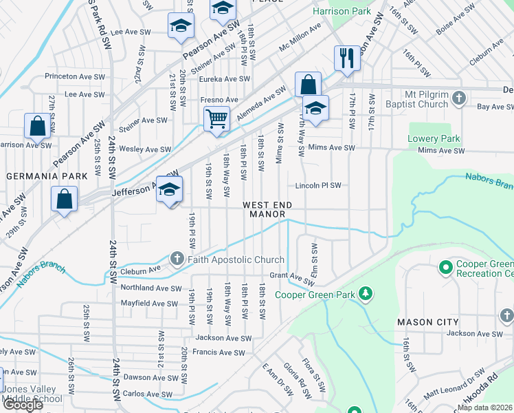 map of restaurants, bars, coffee shops, grocery stores, and more near 1413 18th Street Southwest in Birmingham
