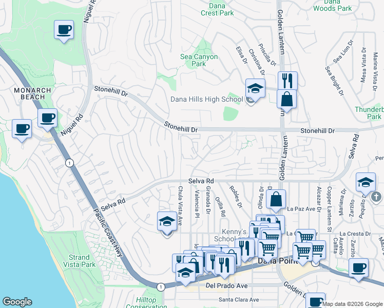 map of restaurants, bars, coffee shops, grocery stores, and more near 33615 Avenida Capri in Dana Point
