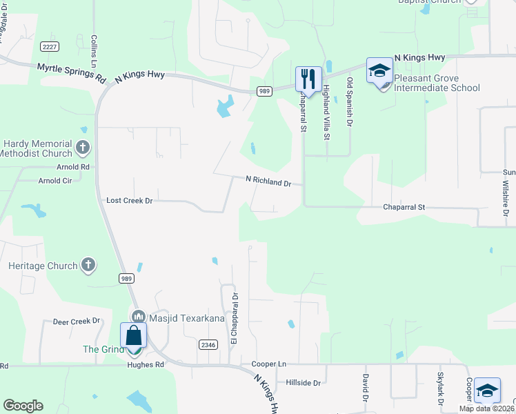 map of restaurants, bars, coffee shops, grocery stores, and more near 7203 Hillcrest Drive in Texarkana