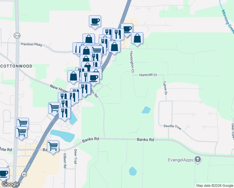 map of restaurants, bars, coffee shops, grocery stores, and more near 205 Ellis Road in Fayetteville