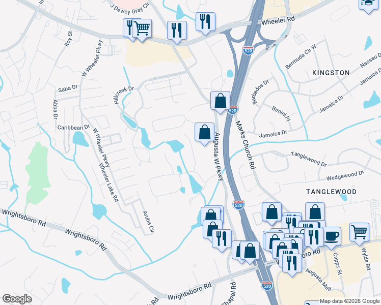 map of restaurants, bars, coffee shops, grocery stores, and more near Brookstone Way in Augusta