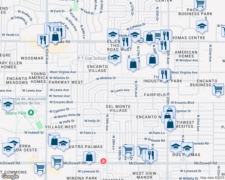 map of restaurants, bars, coffee shops, grocery stores, and more near 2325 North 39th Avenue in Phoenix