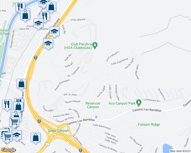 map of restaurants, bars, coffee shops, grocery stores, and more near 33522 Avenida Calita in San Juan Capistrano